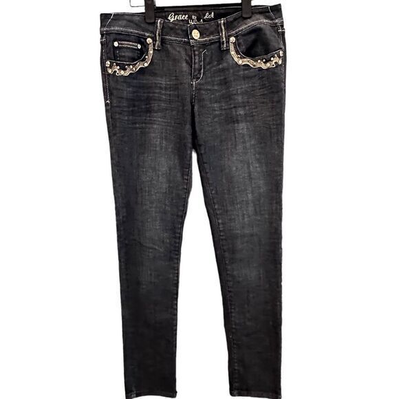 Grace in LA Dark Wash Gold Embellished Skinny Jeans Size 9 Western - Picture 2 of 16